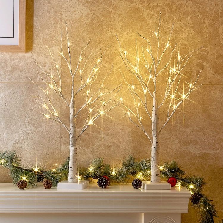 Picture of Set of 2 Small Birch Twig Tree Lights Photo Display Tree with 24 Warm White LEDs Battery Operated Tabletop Decoration for Xmas Home Party Wedding (60cm/2ft)