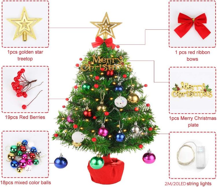 Picture of Mini Artificial Christmas Tree 50cm Tabletop Small Christmas Tree Lighted Battery Operated, Pre-Lit Christmas Tree Desktop Ornaments for Xmas, Home, Kitchen Decor