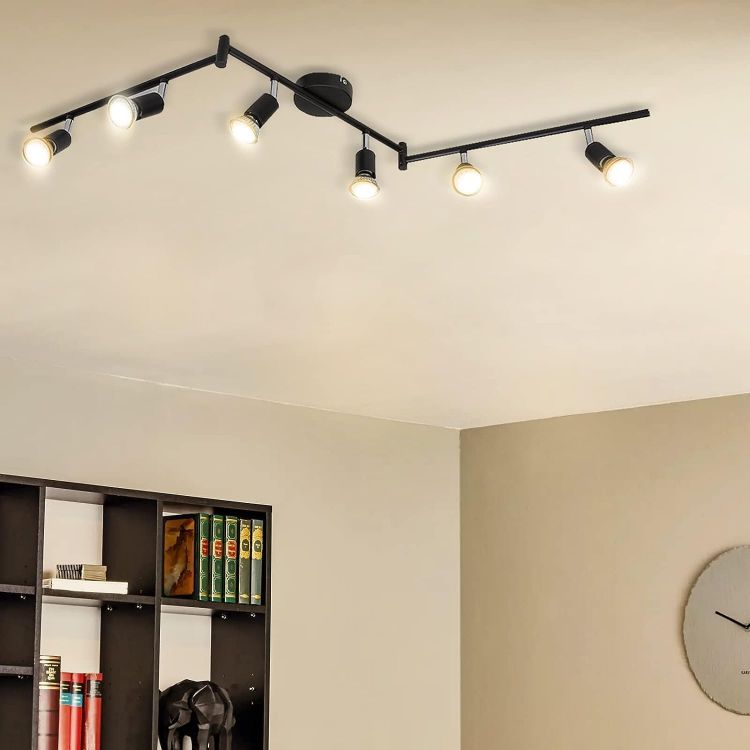 Picture of 6 Way LED Ceiling Spot Lights Rotatable, 2700K Warm White Spotlight Bar for Kitchen, Living Room, Bedroom, Matt Black & Swivelling Design