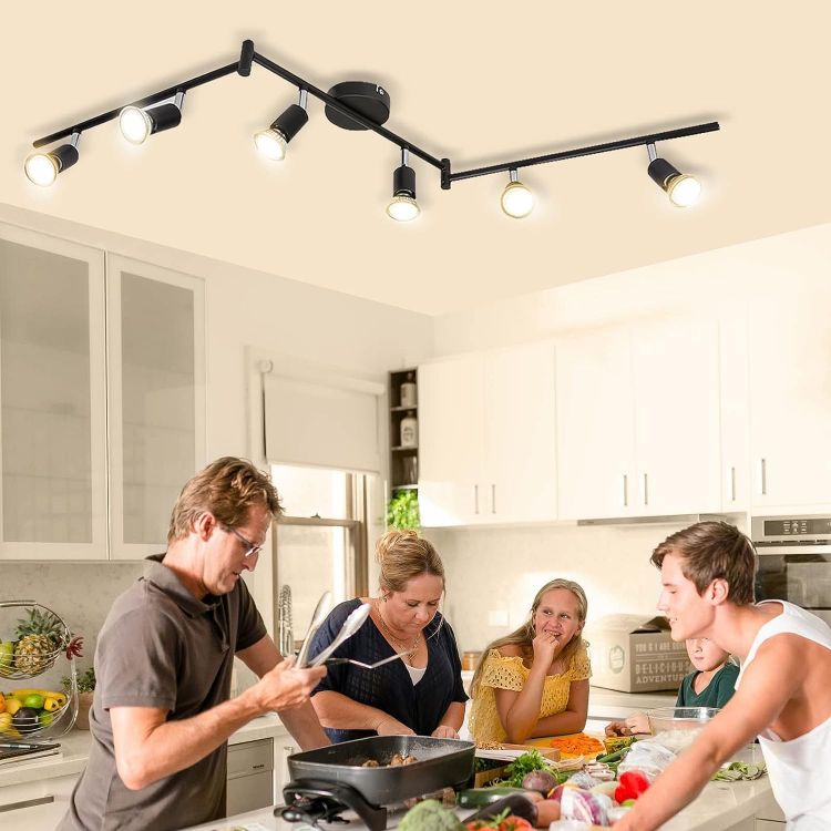 Picture of 6 Way LED Ceiling Spot Lights Rotatable, 2700K Warm White Spotlight Bar for Kitchen, Living Room, Bedroom, Matt Black & Swivelling Design