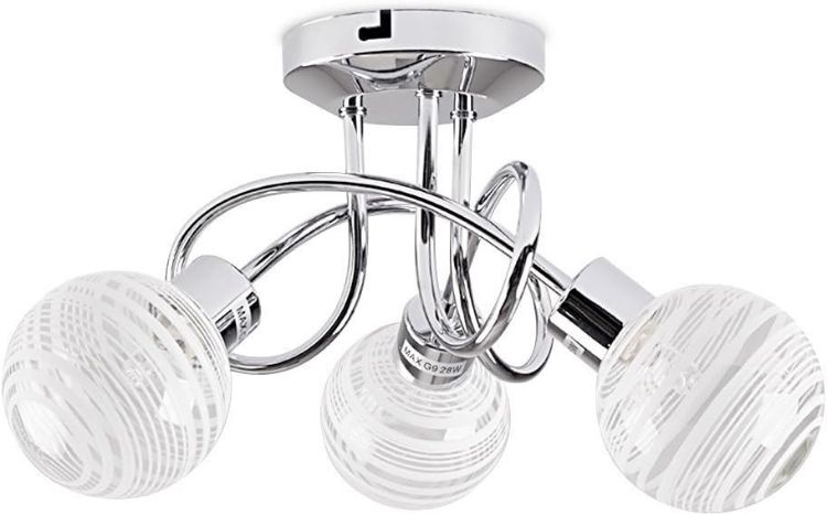 Picture of Modern 3 Way Polished Chrome Flush Curved Arm Ceiling Light with Beautiful Clear and Frosted Glass Circular Ring Design Globe Shades
