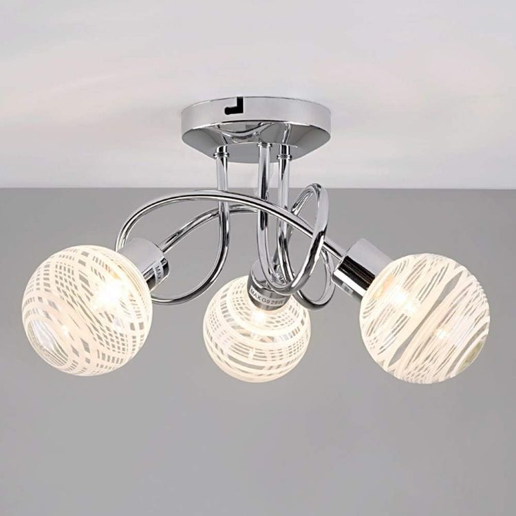 Picture of Modern 3 Way Polished Chrome Flush Curved Arm Ceiling Light with Beautiful Clear and Frosted Glass Circular Ring Design Globe Shades