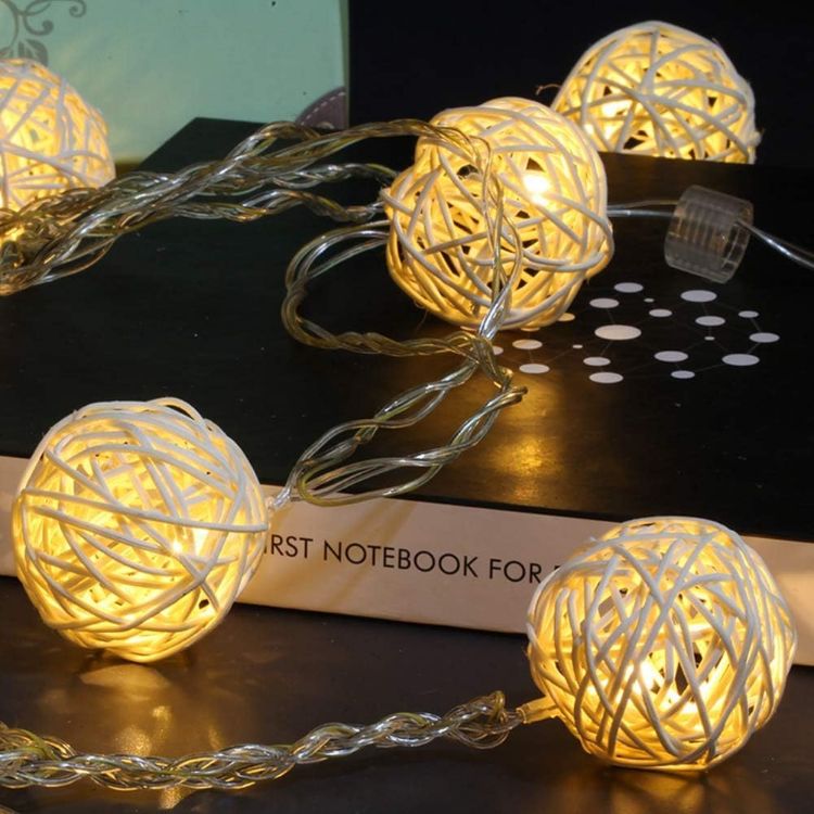 Picture of 3M LED Rattan Ball String Lights USB Powered – Warm White Bedroom Patio Party Lights Remote Control