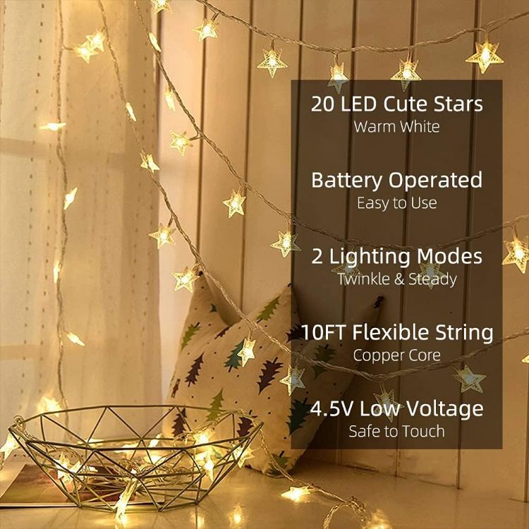 Picture of Star String Lights, 10ft/3M 20 LED Plug in String Lights Warm White Fairy Lights for Birthday/Christmas/Wedding/Party Indoor Outdoor Decoration