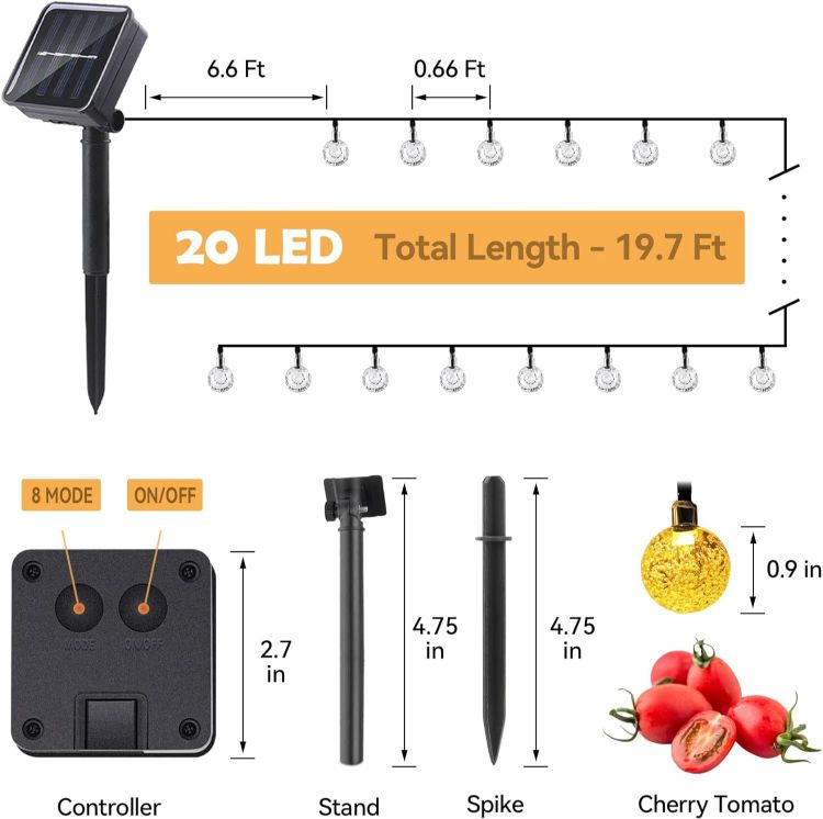 Picture of 20 LED Outdoor Solar String Lights Crystal Globe – IP65 Waterproof Garden Patio Fairy Lights Warm White Solar Powered