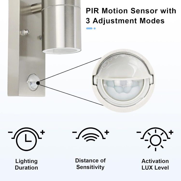 Picture of Modern Stainless Steel Outdoor Garden Wall Down Light with PIR Motion Sensor - IP44 Rated - Complete with a 7W LED GU10 Bulb 