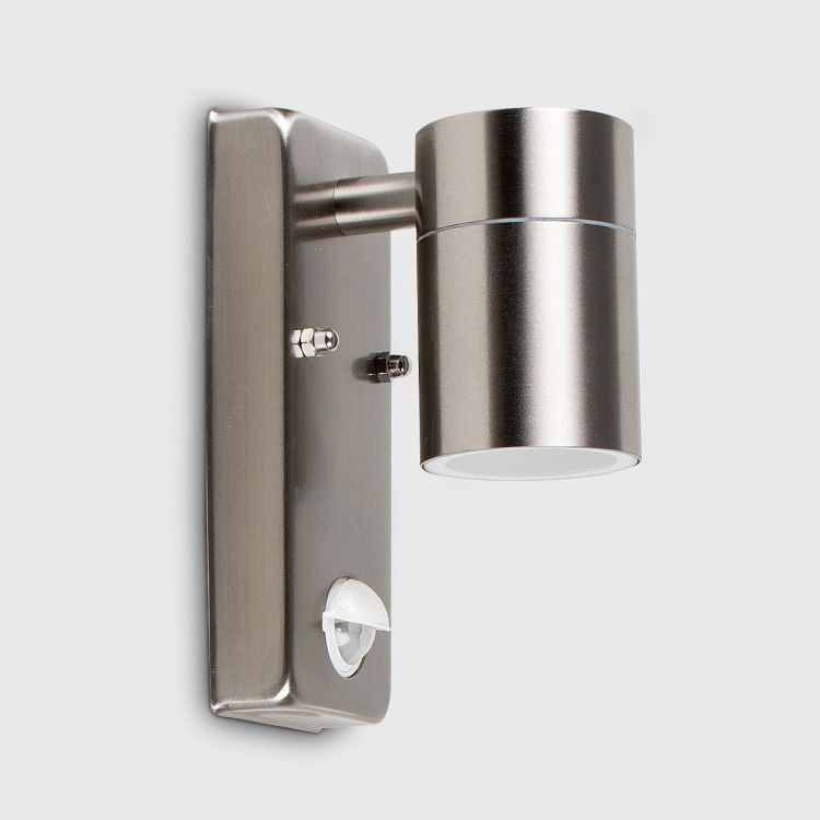 Picture of Modern Stainless Steel Outdoor Garden Wall Down Light with PIR Motion Sensor - IP44 Rated - Complete with a 7W LED GU10 Bulb 