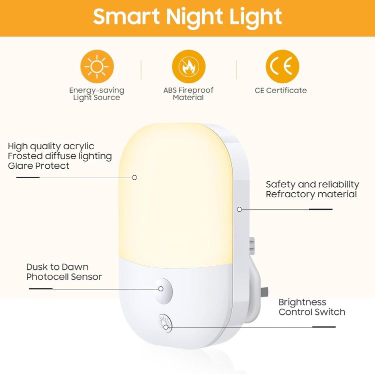 Picture of LED Night Light Plug in Walls with Dusk to Dawn Photocell Sensor, & Brightness Adjustable 2700K Warm White Lamp,  Auto Sensor Night Lighting 