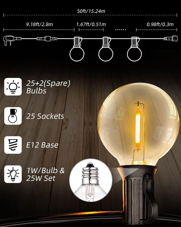 Picture of LED String Lights Mains Powered 15M/50FT, G40 Festoon Lights Outdoor 1W 25+2 Bulbs (2 Spare), IP45 Waterproof Globe Garden String Lights