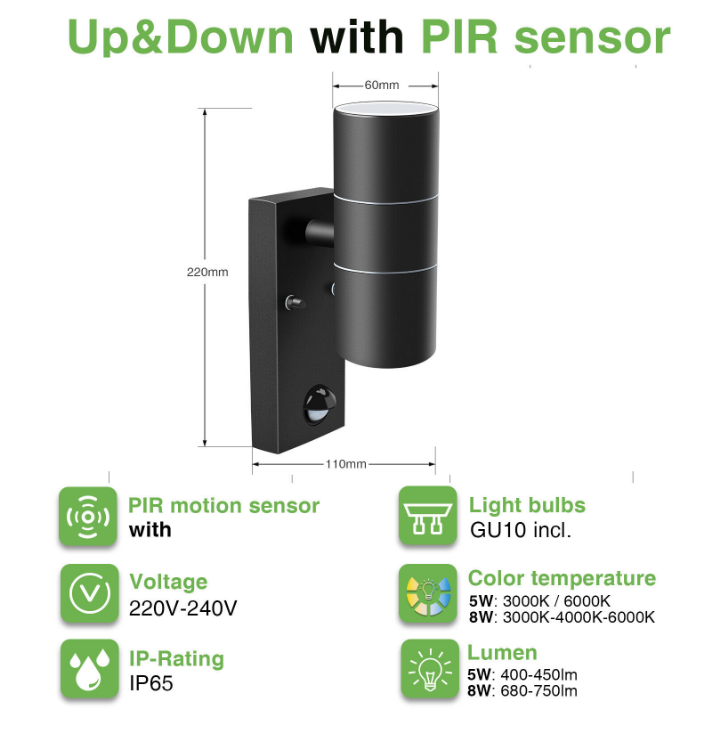 Picture of Up Down Led Wall Light PIR Sensor 7W GU10 Outdoor Garden Wall Lights IP65 Sconce