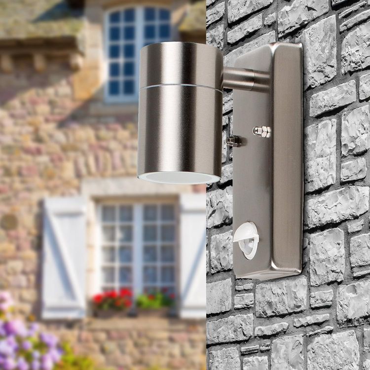Picture of Modern Stainless Steel Outdoor Garden Wall Down Light with PIR Motion Sensor - IP44 Rated - Complete with a 7W LED GU10 Bulb 