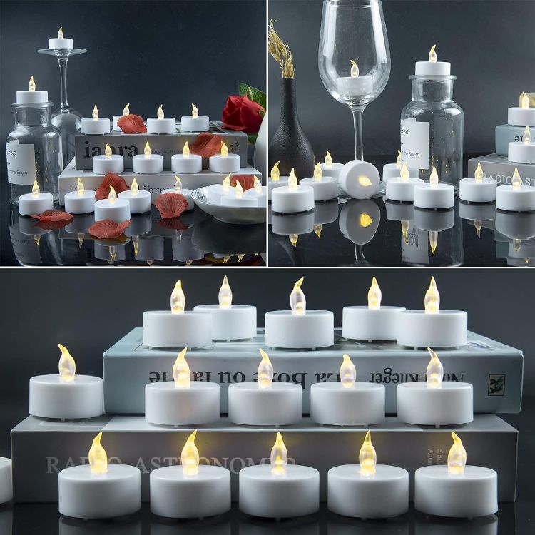Picture of 24pcs Tea Lights Candles:Realistic LED Flameless Flickering Operated Tea Lights Steady Battery Tealights Electric Fake Candles Decoration for Party and Gifts Ideas(Warm Yellow Light)