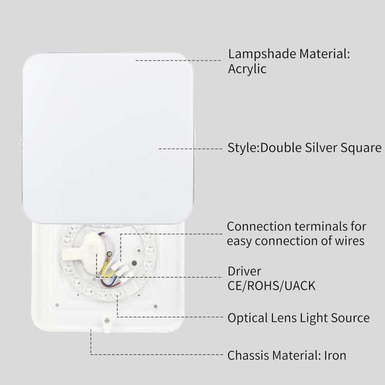 Picture of LED Ceiling Light 12W Silver-Rimmed Square, 6500K Cool White Indoor Ultra-Thin Flush Mount Ceiling Lights