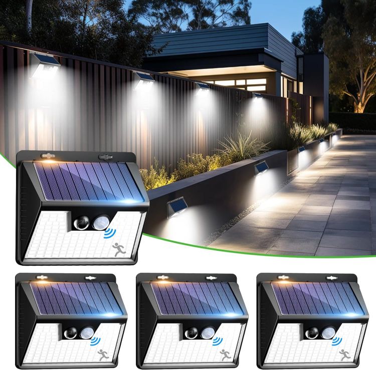 Picture of Solar Security Lights Outdoor, 4 Pack Solar Motion Sensor Lights with 140 LED 3 Modes Solar Fence Lights