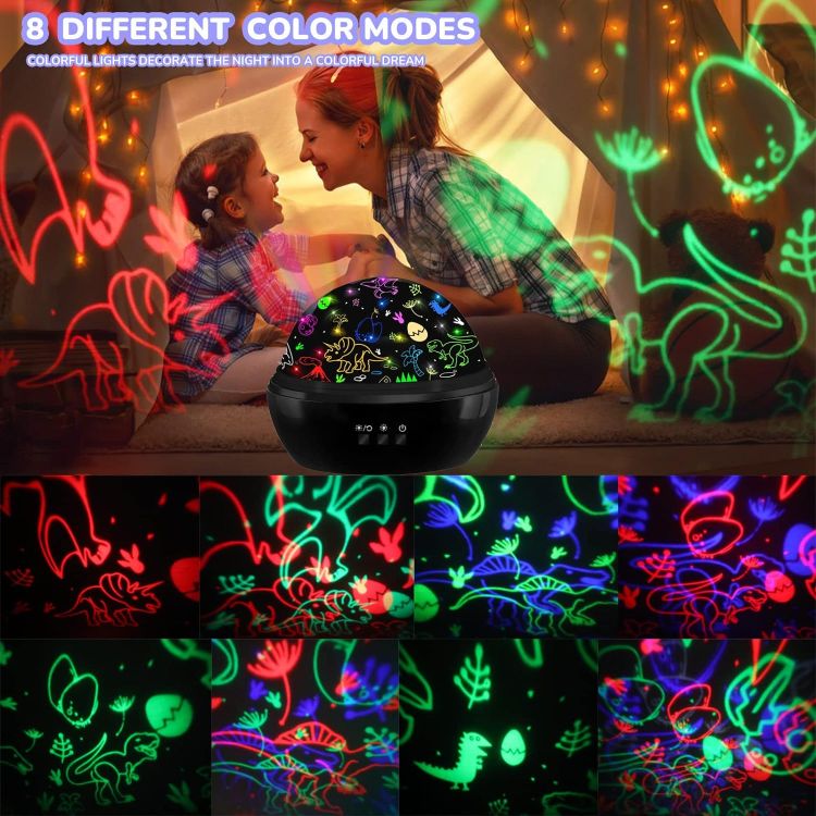 Picture of Dinosaur Night Light Projector For Kids, Gifts For Boys Girls, 360° Rotating Dinosaur Lamp With 8 Colorful Light Modes For Kids