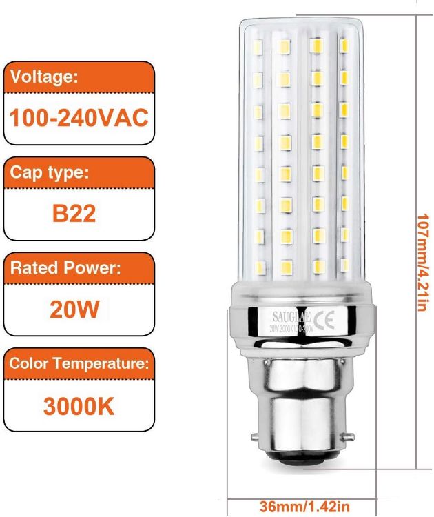 Picture of 20W LED Corn Bulbs, 150W Incandescent Bulbs Equivalent, 3000K Warm White, 2300Lm, B22 Bayonet Cap Light Bulbs, 3-Pack