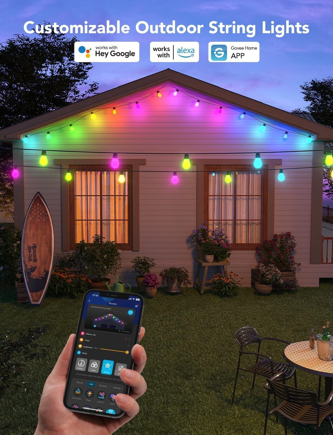 Outdoor LED String Lights, 15m RGBIC WiFi Garden Lights