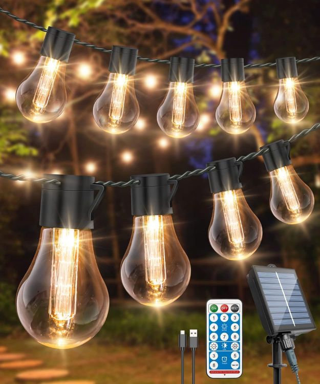 Picture of Solar Festoon Lights Outdoor,14M/46FT USB & Solar String Lights with Remote, 30LED Shatterproof Bulbs, IP65 Waterproof