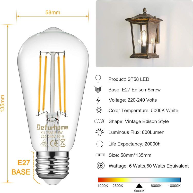 Picture of ST58 E27 6W LED Edison Light Bulbs 60W Equivalent, Daylight White 5000K, Not Dimmable, Clear Glass, E27 Base Lamp - Pack of 5