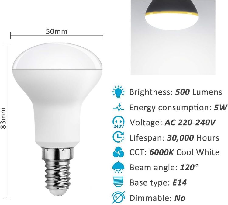 Picture of Spotlight Bulbs R50 E14 LED Cool White 6000K, 120° Beam Angle, 5W Replace E14 Reflector Bulbs 40W, 500LM - Pack of 6 