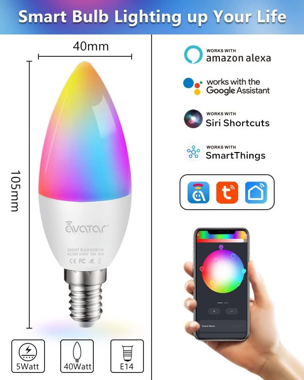 Picture of Controls Smart Bulb E14 Light WiFi LED Candle Bulbs C37, Dimmable Compatible with Alexa/Google Home App(Upgraded Connection)