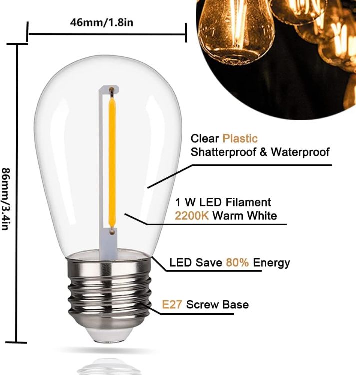 Picture of S14 1W LED Filament Bulbs, 2200K Warm White Plastic Edison Bulb, 130LM E27 Base for Waterproof Outdoor String Lights Bulbs