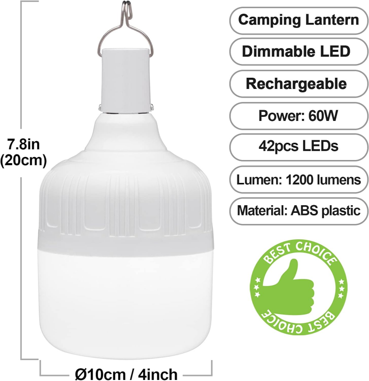 Picture of Camping Light, 60W LED Camping Lantern Rechargeable, Portable Tent Light with 5 Lighting Modes, Camping Lamp with Hook for Emergency, Camping, Garden, BBQ, Fishing