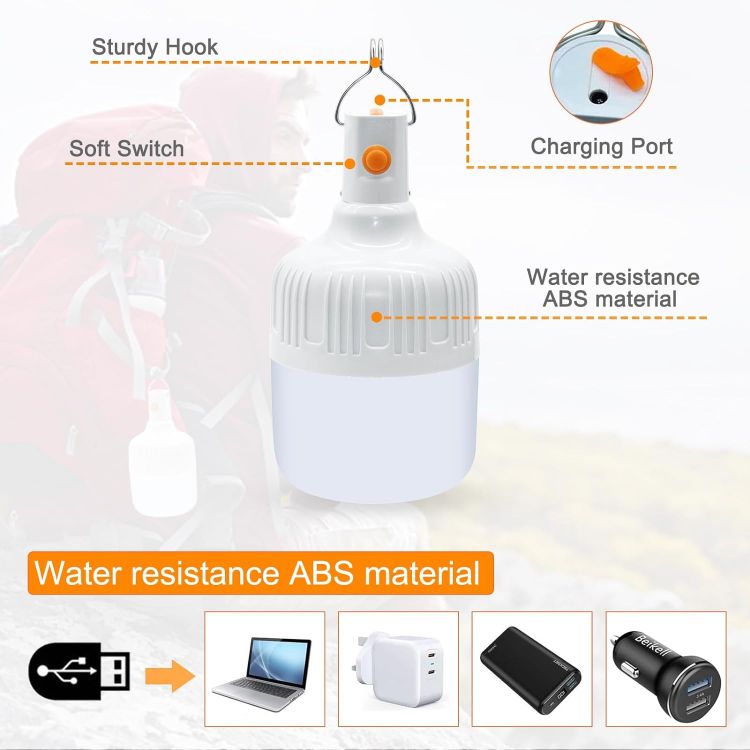 Picture of  2 Pcs Camping Light,LED USB Rechargeable Camping Lantern Tent Lamp with Hanging Hook, Dimmable 3 Modes Portable Light Bulb