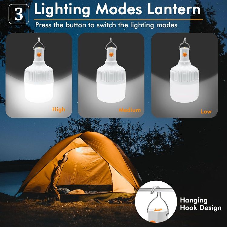 Picture of  2 Pcs Camping Light,LED USB Rechargeable Camping Lantern Tent Lamp with Hanging Hook, Dimmable 3 Modes Portable Light Bulb