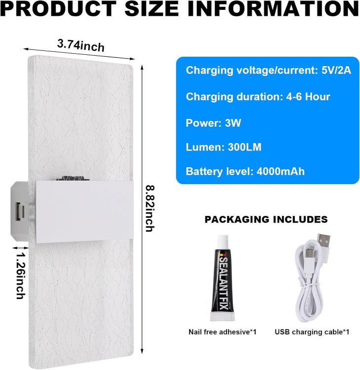 Picture of LED Touch Control Wall Lamp, Modern Indoor Dimmable Wall Light With Switch, USB Rechargeable Battery Wall Light, Cordless White Wall Sconces Lighting 6500K, 4000mAh, 2 Pack