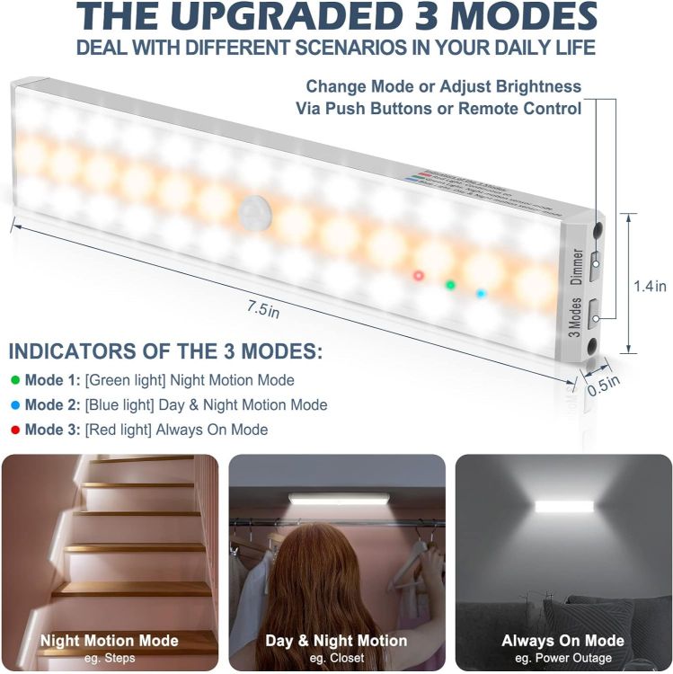 Picture of Motion Sensor Light Indoor, Battery Lights with Remote Control, Upgraded 38 LEDs 1500mAh Wardrobe Lights, 3 Colours Under Cabinet Kitchen Lights, 3 Packs