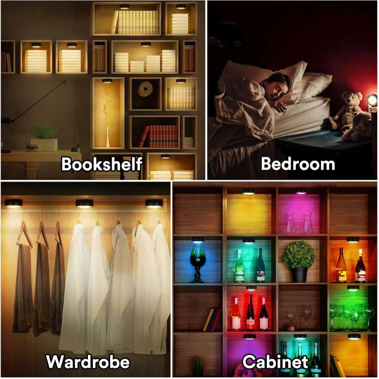 Picture of Under Cupboard Kitchen Lights Battery Operated LED Under Cabinet Lights, Stick on Wardrobe Lights, RGB Puck Lights, 6 Pack - Black 