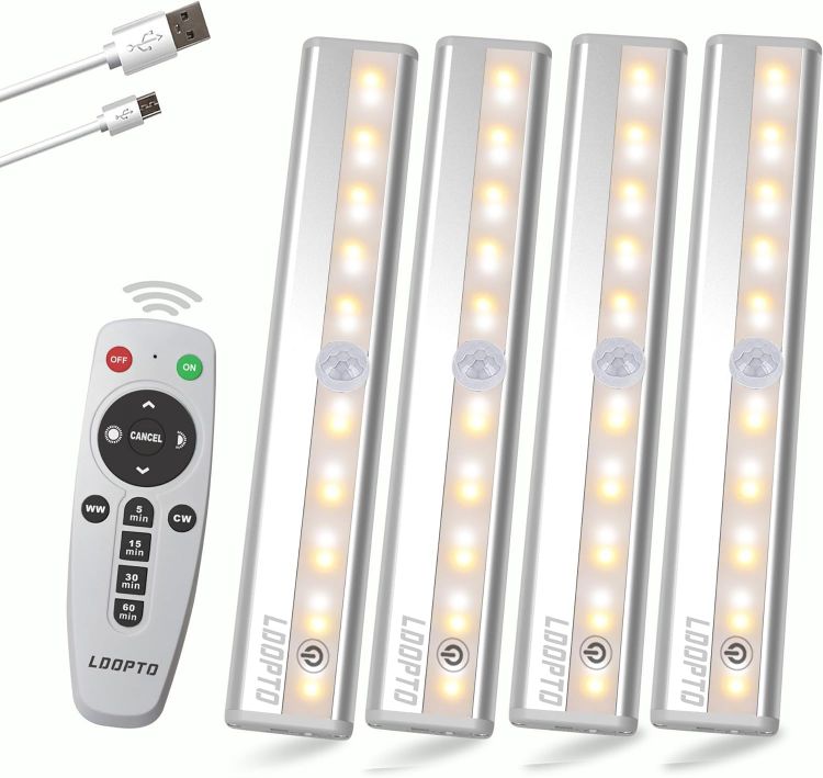 Picture of Under Cupboard Kitchen Lights with Remote, 20 LED Rechargeable Battery Operated Lights 4 Pack, Anywhere Stick-On Magnetic Night Light Bar for Cabinet, Closet etc