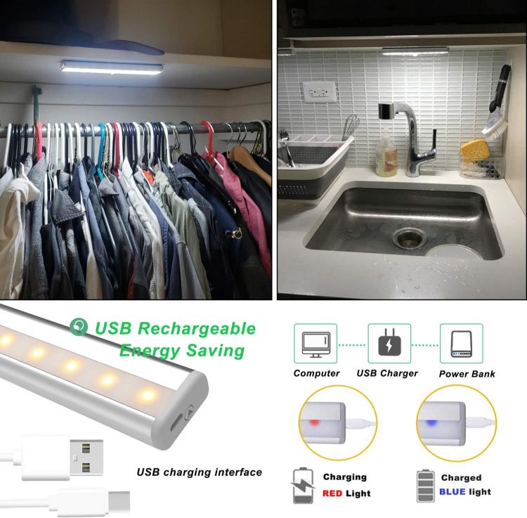 Picture of Under Cupboard Kitchen Lights with Remote, 20 LED Rechargeable Battery Operated Lights 4 Pack, Anywhere Stick-On Magnetic Night Light Bar for Cabinet, Closet etc