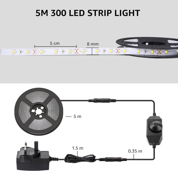 Picture of LED Strip Light White 5M 300 LEDs, 1650lm Dimmable Strip Lights for Kitchen, Cool White 6000K Daylight LED Strip for Under Units Cabinet Cupboards