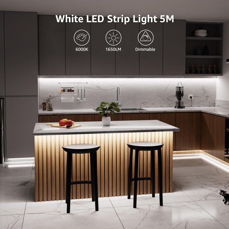 Picture of LED Strip Light White 5M 300 LEDs, 1650lm Dimmable Strip Lights for Kitchen, Cool White 6000K Daylight LED Strip for Under Units Cabinet Cupboards