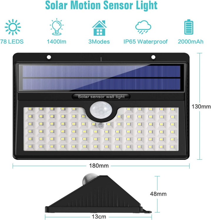 Picture of Solar Powered Outdoor Wall Lights, 78 LED Solar Lights For the Wall, Waterproof Solar Exterior Lights Wall With 3 Modes 