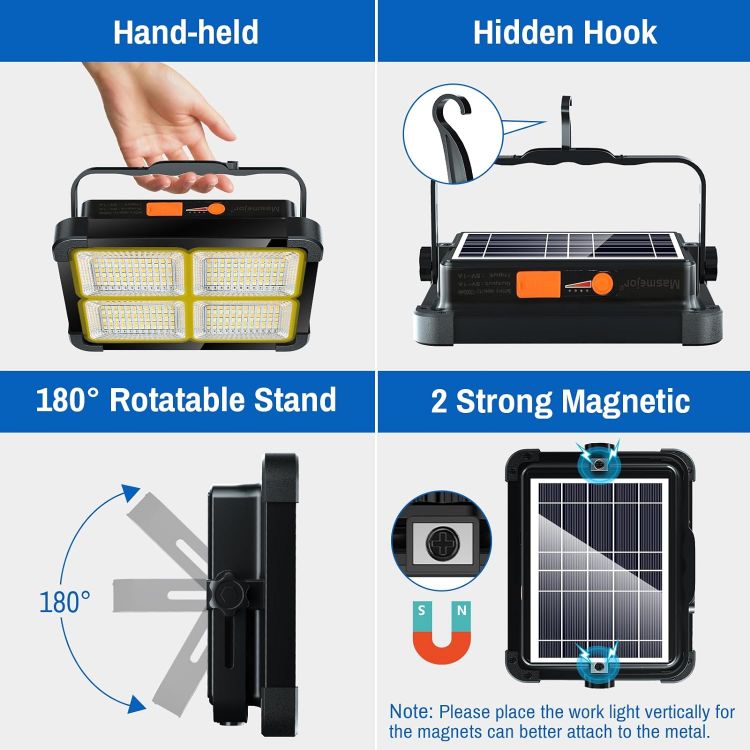 Picture of Rechargeable Work Light 100W, Work Lights Portable Rechargeable with Solar Panel/ 4 Lighting Modes/ 12000mAh/ Stepless