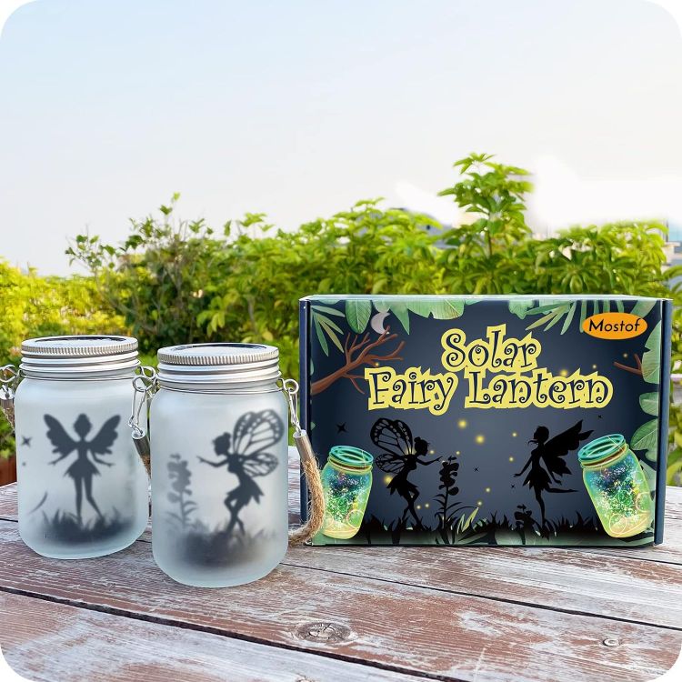 Picture of 2 Pack Fairy Solar Lantern Outdoor, Garden Ornaments IP44 Waterproof Hanging Frosted Glass Solar Mason Jar Lights