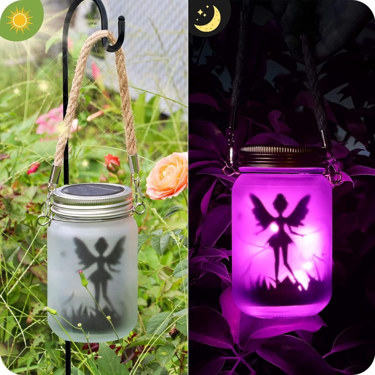 Picture of 2 Pack Fairy Solar Lantern Outdoor, Garden Ornaments IP44 Waterproof Hanging Frosted Glass Solar Mason Jar Lights