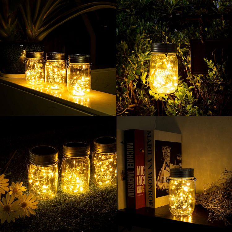 Picture of Hanging Solar Mason Jar Lights, 6 Pack 30 Led Solar Lanterns Outdoor Hanging Solar Jar Lanterns, 6 Hangers and Jars Included