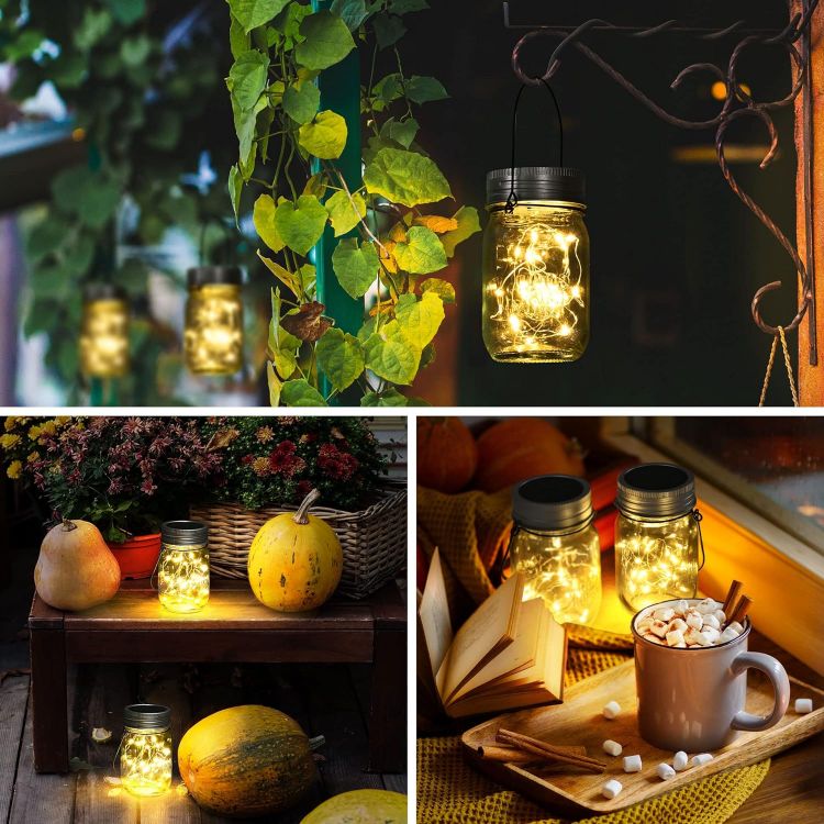 Picture of Hanging Solar Mason Jar Lights, 6 Pack 30 Led Solar Lanterns Outdoor Hanging Solar Jar Lanterns, 6 Hangers and Jars Included