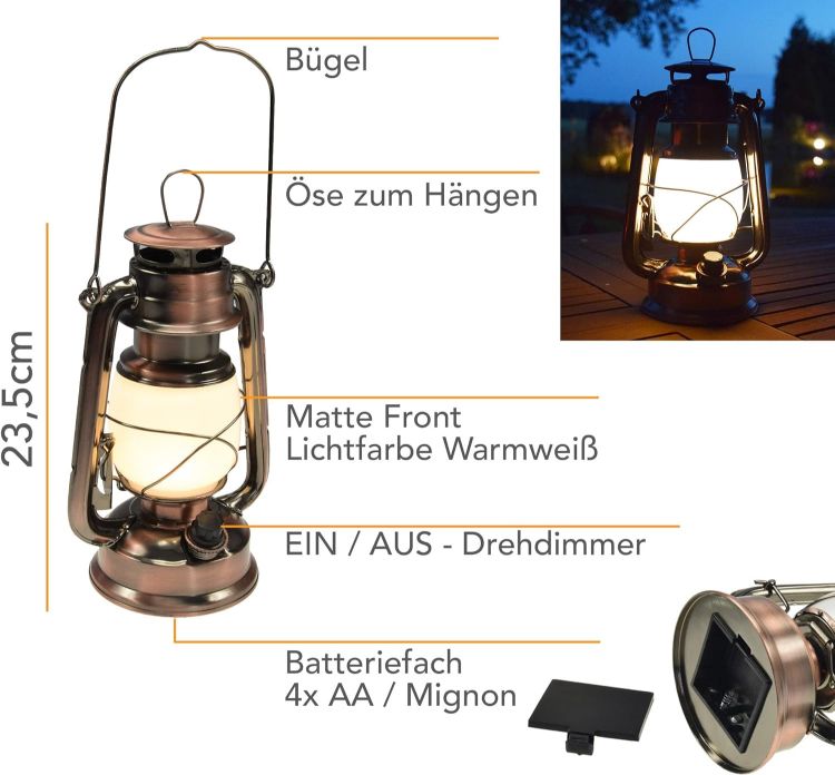 Picture of LED Camping Lantern Storm Light Copper Design Dimmable Battery Operated 4 x AA Mignon
