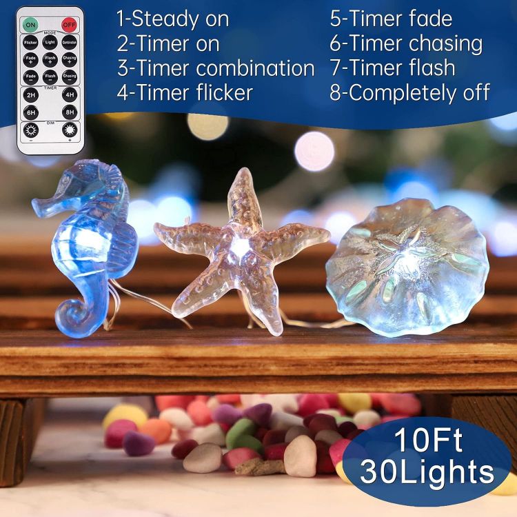Picture of Nautical Theme Decorative String Lights, Under The Sea Sand Dollars Seahorse Beach Lights with Remote 10 ft 30 LEDs for Covered Outdoor Camping