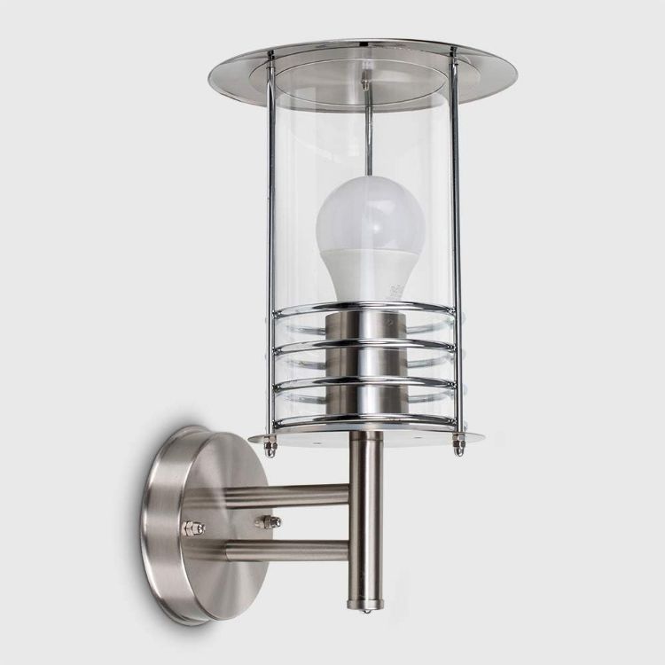 Picture of Modern IP44 Rated Silver Stainless Steel Metal Fisherman's Lantern Cage Outdoor Wall Light