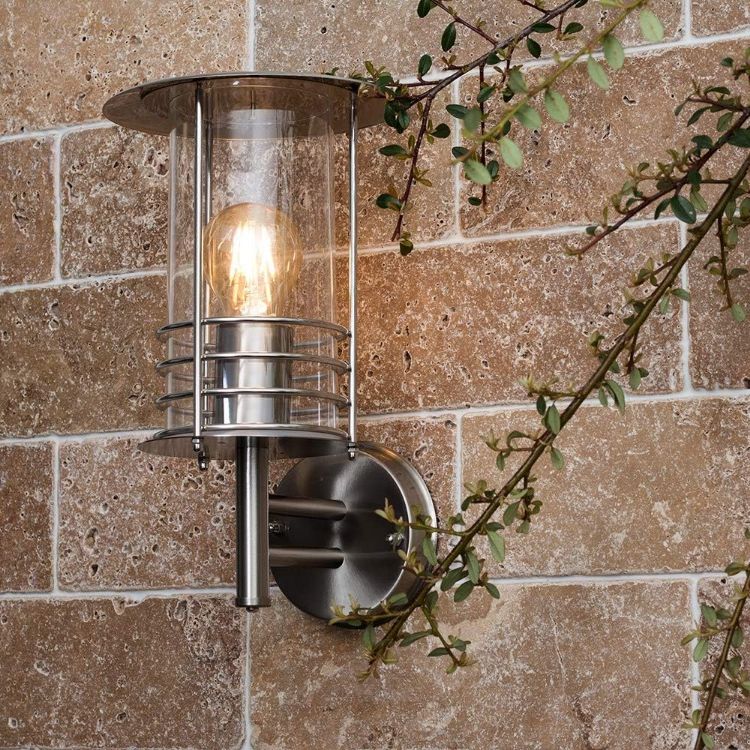 Picture of Modern IP44 Rated Silver Stainless Steel Metal Fisherman's Lantern Cage Outdoor Wall Light