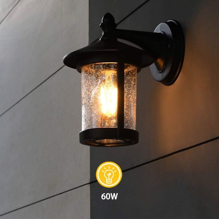 Picture of Outdoor Wall Lights, Black E27 Bubble Glass Lantern, Waterproof Aluminium Garden Wall Lights Mains Powered for Patio