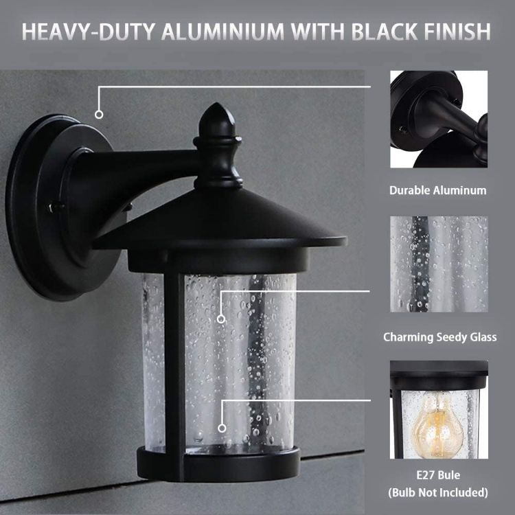 Picture of Outdoor Wall Lights, Black E27 Bubble Glass Lantern, Waterproof Aluminium Garden Wall Lights Mains Powered for Patio