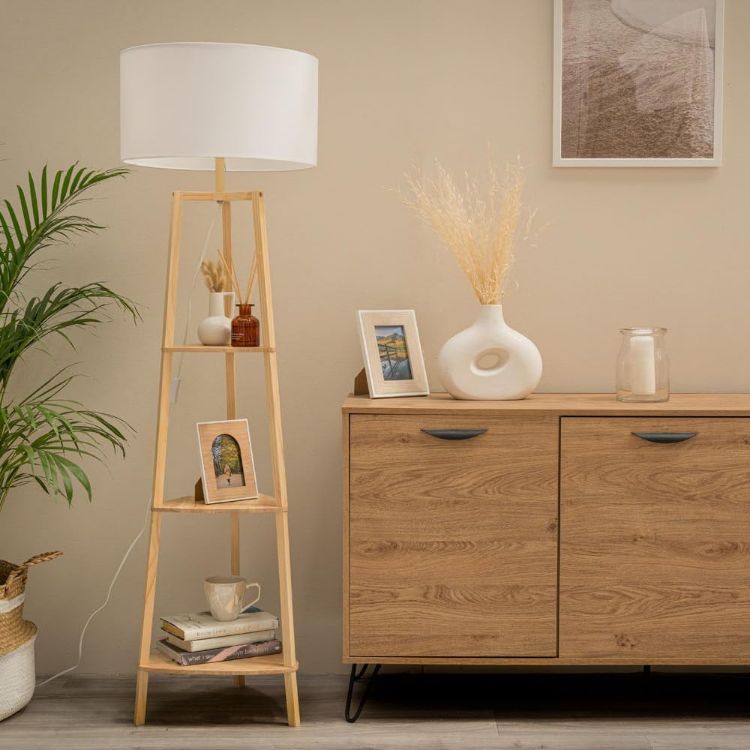 Picture of Wooden Floor Lamp 3 Tier Shelf Light Living Room Standard Storage Lighting