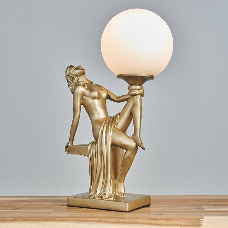 Picture of Art Deco Table Lamp 37.5CM Tall Woman Holding Frosted Glass Globe Light LED Bulb